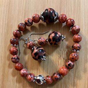 Hand Crafted Stretch Bracelet Drop Earrings Orange Brown Animal Print Silver